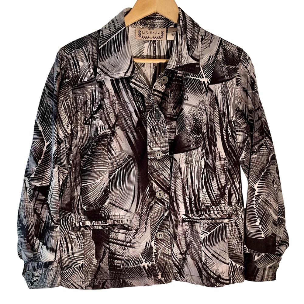 Life Style Black Gray Abstract Palm Leaf Print Button Front Jacket XL